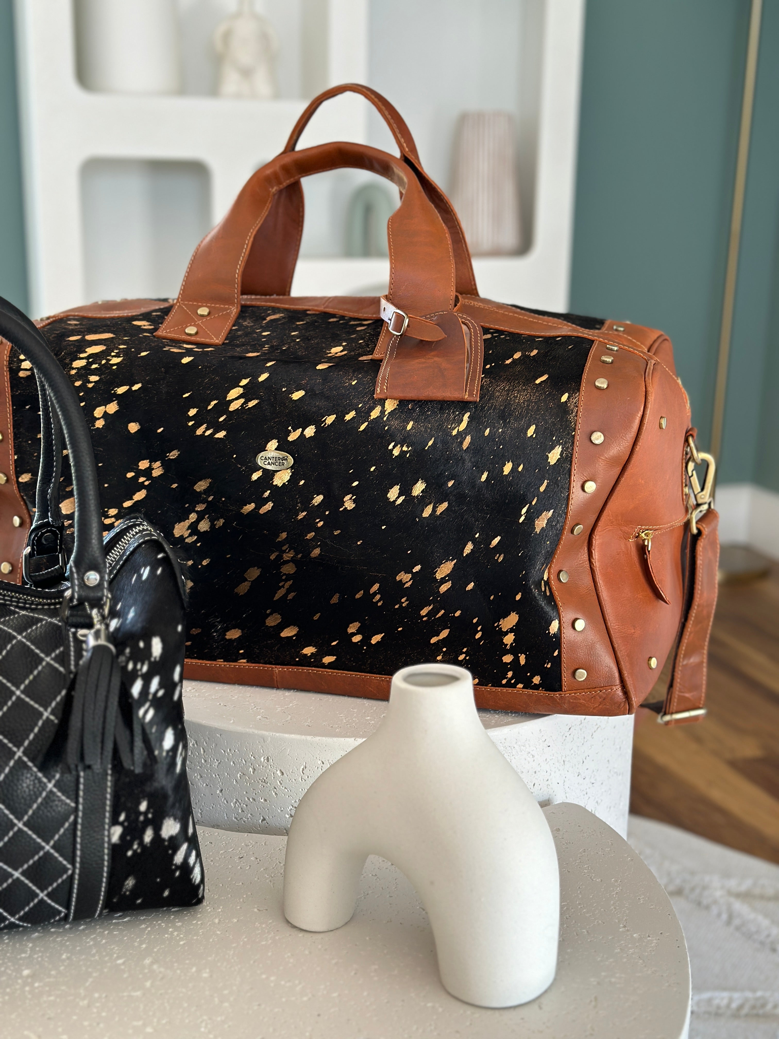 Gold Speckle Cowhide and Leather Overnight Bag