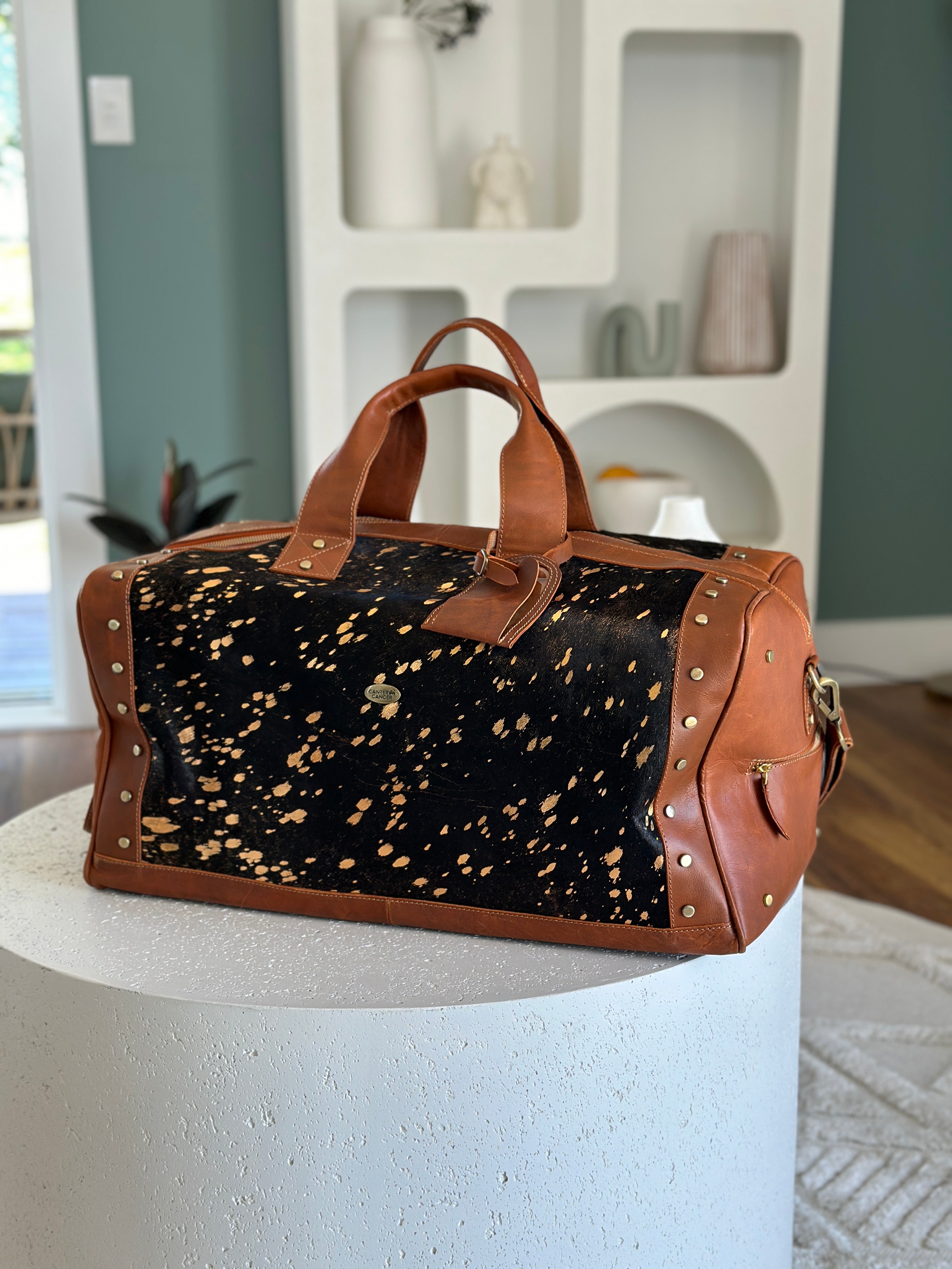 Gold Speckle Cowhide and Leather Overnight Bag
