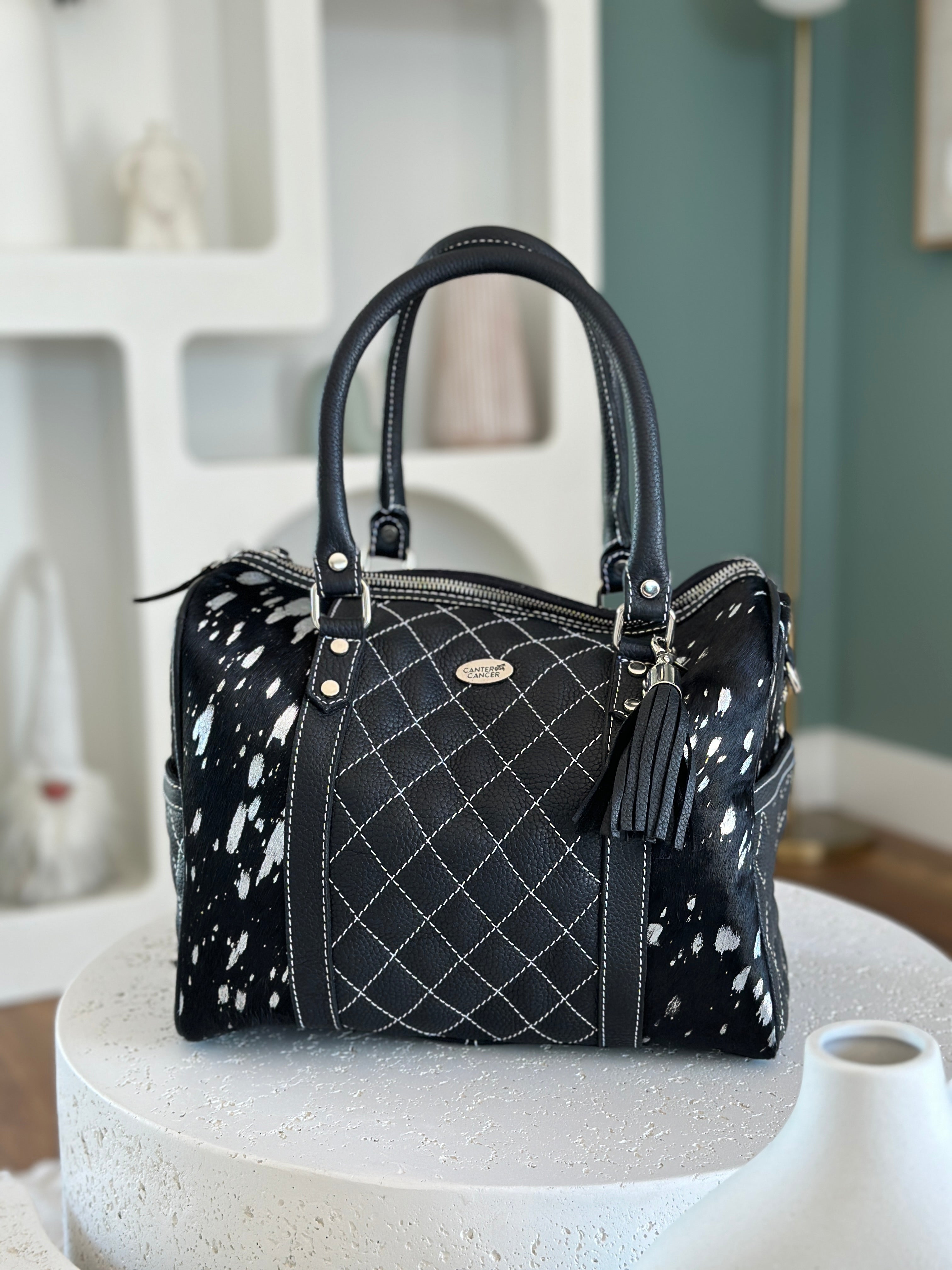 Silver Speckle Cowhide and Black Leather Handbag