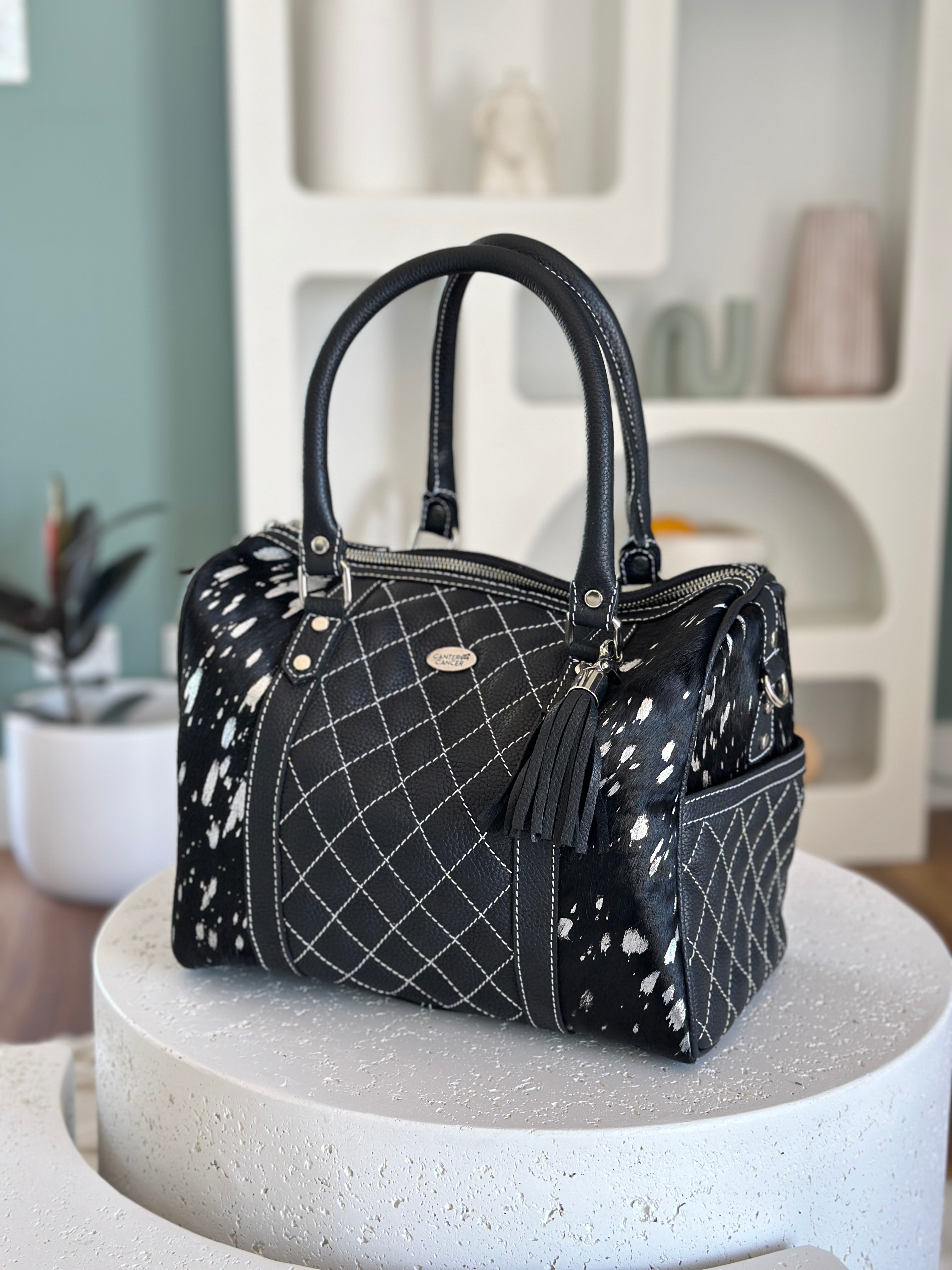 Silver Speckle Cowhide and Black Leather Handbag